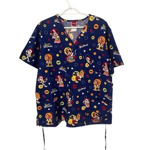 Disney Halloween Scrub Top Shirt XL Blue Mickey Minnie Donald Duck Halloween‎